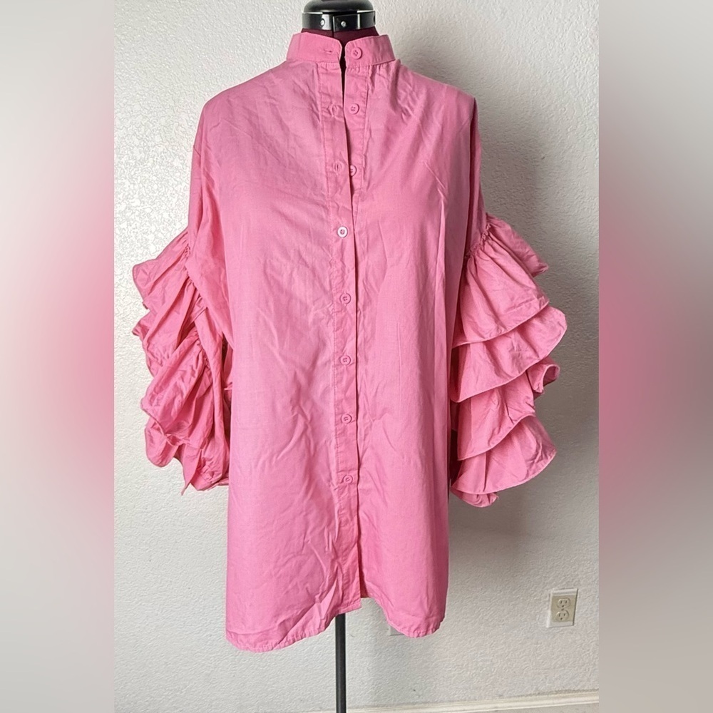 Source Unknown Pink Button Down Shirt dress with Ruffled Sleeves